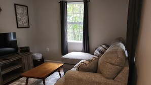 A living room with a sofa, a coffee table, a TV stand, and a window with curtains. - Curve Cottage located on The Rattlesnake 192 just outside of Somerset.  (Somerset)