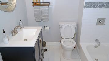 Hair dryer, towels, soap, toilet paper