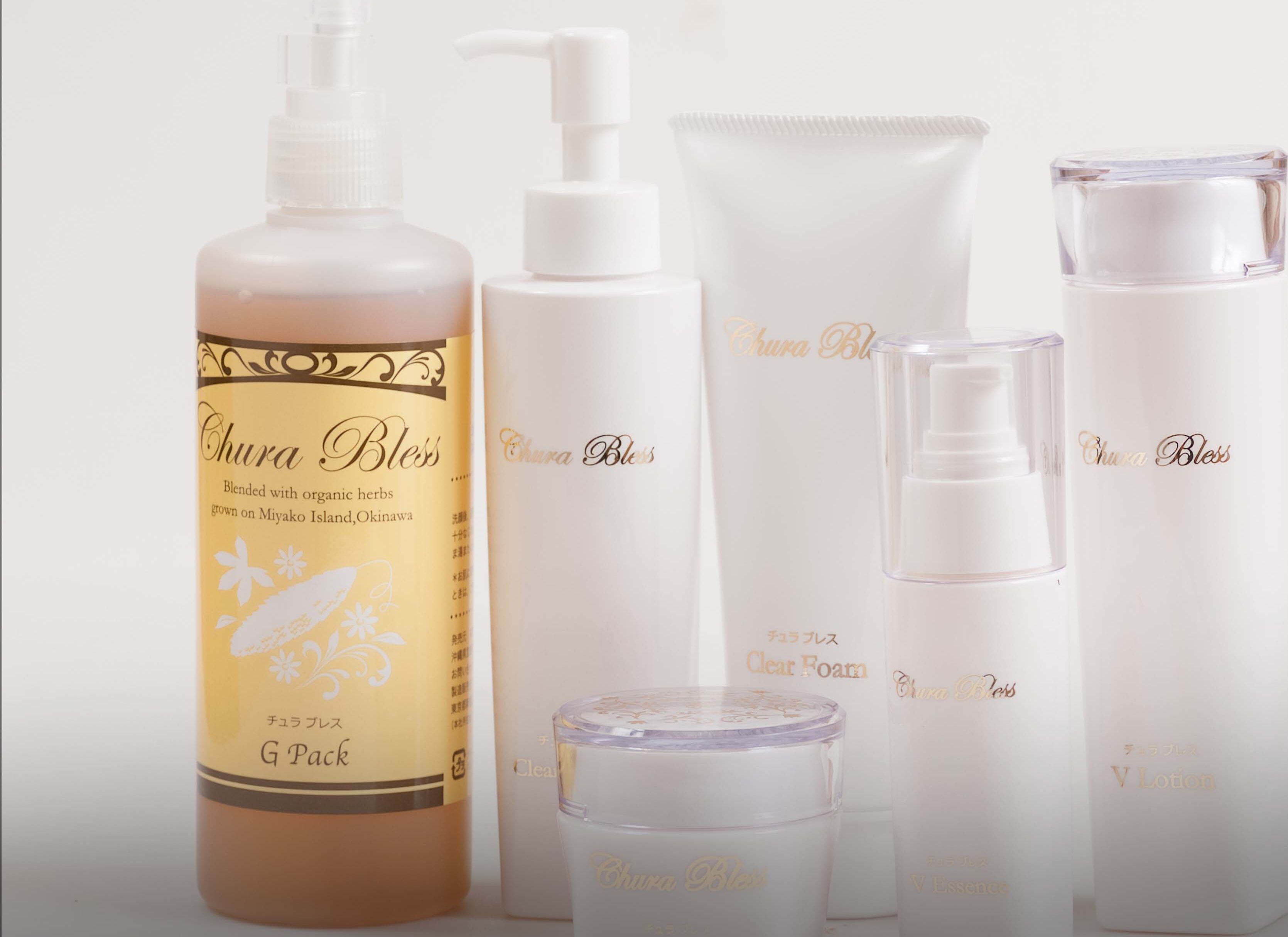 A collection of Chura Bless skincare products including a G Pack, Clear Foam, and V Lotion.