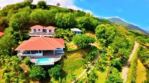 A hillside property with two main buildings, a swimming pool, and lush greenery. - Villa Big Blue, panoramic sea view and pool -5 rooms -Wifi (Le François)