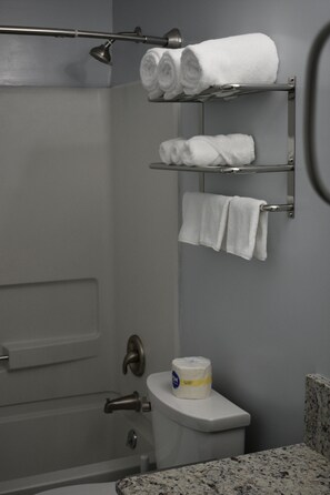 Hair dryer, towels, soap, shampoo
