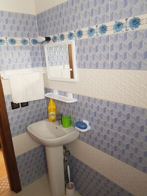 Hair dryer, towels, toilet paper