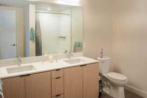 Hair dryer, towels, soap, toilet paper