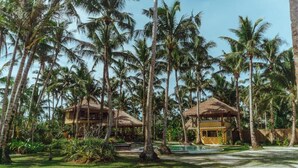 A resort with two thatched-roof buildings surrounded by palm trees and a swimming pool. - INARA Siargao (General Luna)