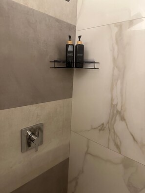 Hair dryer, towels, soap, shampoo