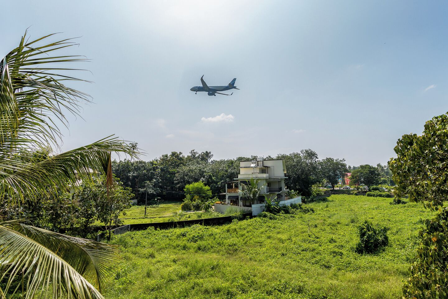 Un quartier résidentiel avec une maison à deux étages, une végétation luxuriante et un ciel dégagé où l’on aperçoit un avion en vol.
