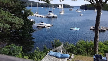 A view of a marina with multiple boats docked, surrounded by dense greenery and trees.