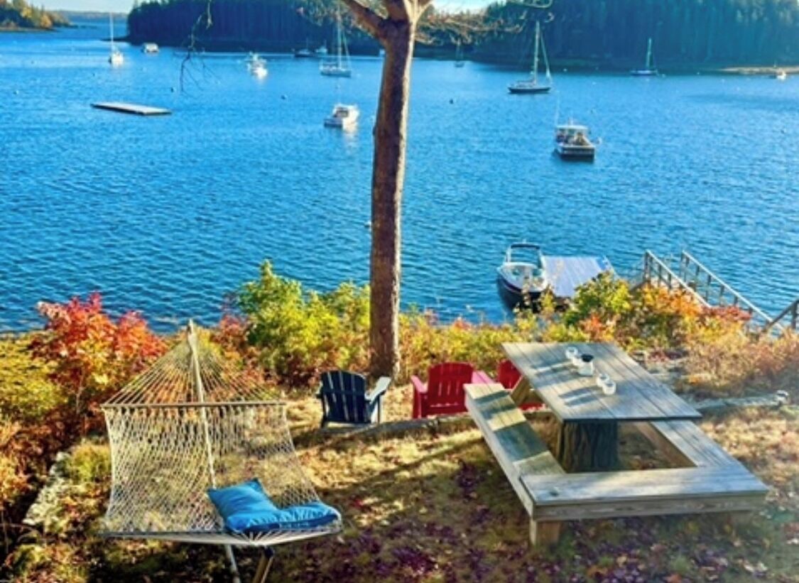 Un hamac et un banc en bois au bord d’un lac, avec des bateaux en arrière-plan.