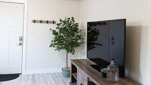 Une pièce avec un meuble de rangement en bois pour appareils multimédias, un téléviseur à écran plat, une plante en pot et une porte avec un paillasson.
