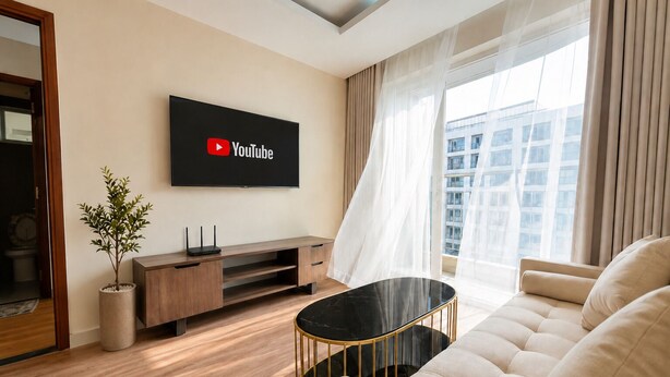 A modern living room with a flat-screen TV, a sofa, a coffee table, and a potted plant. - RAINBOW Sky Center TSN Airport (Ho Chi Minh City)
