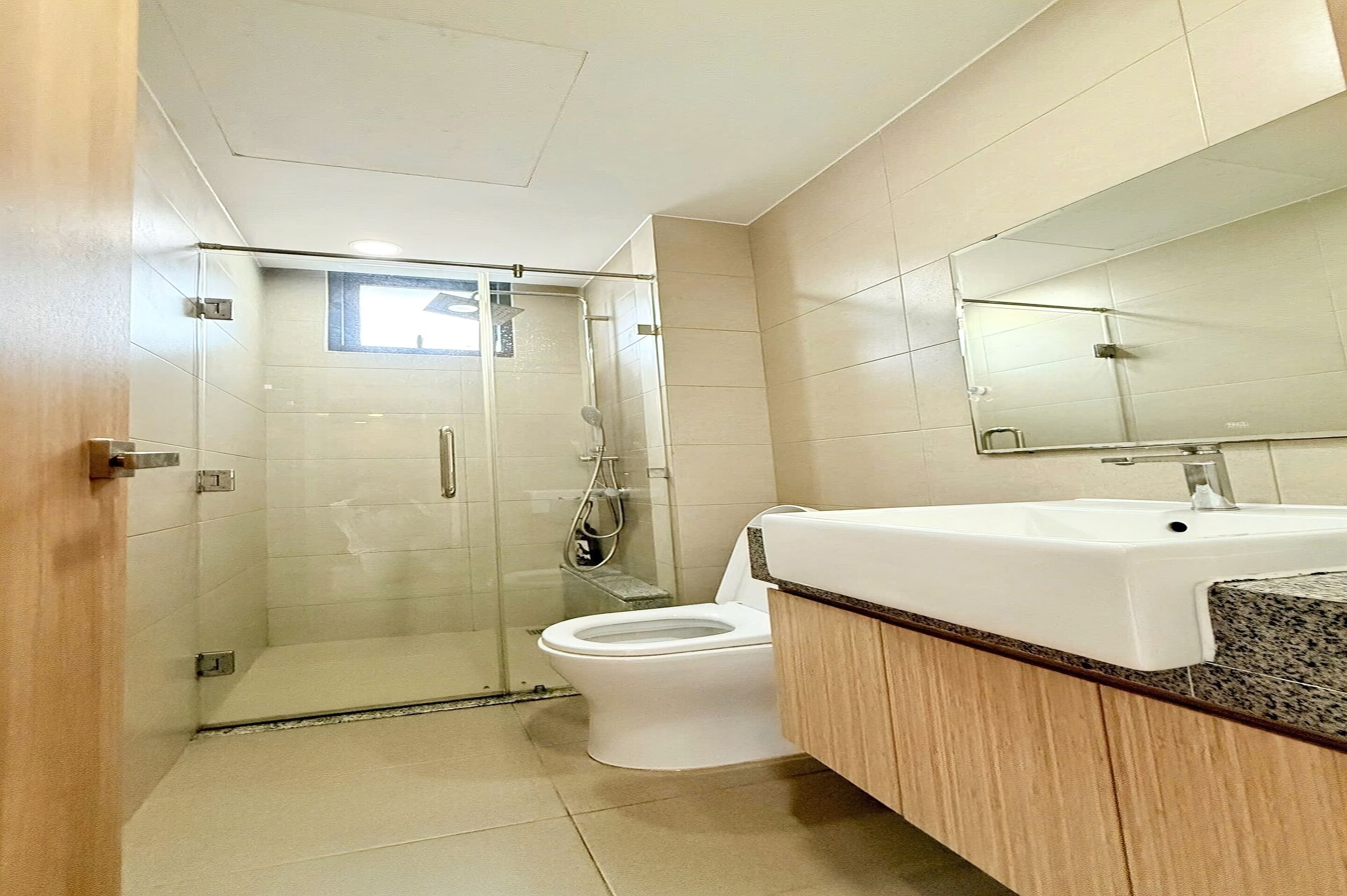A modern bathroom with a glass-enclosed shower, a white toilet, and a large mirror above a granite countertop sink.
