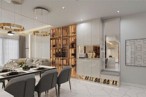 Appartement Deluxe, 2 chambres, cuisine, vue ville | Coin séjour
