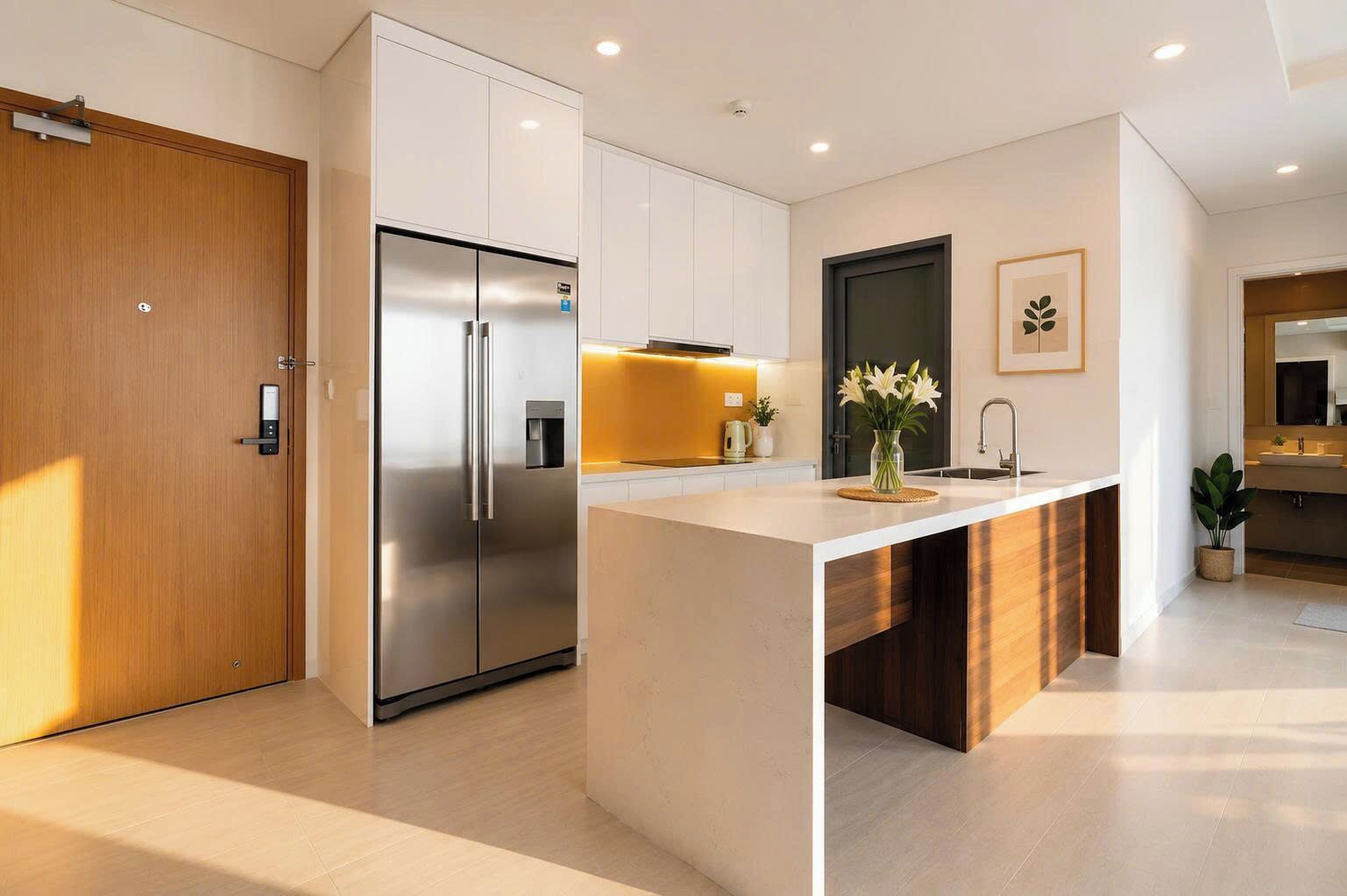 A modern kitchen with a built-in island, stainless steel appliances, and a wooden door.