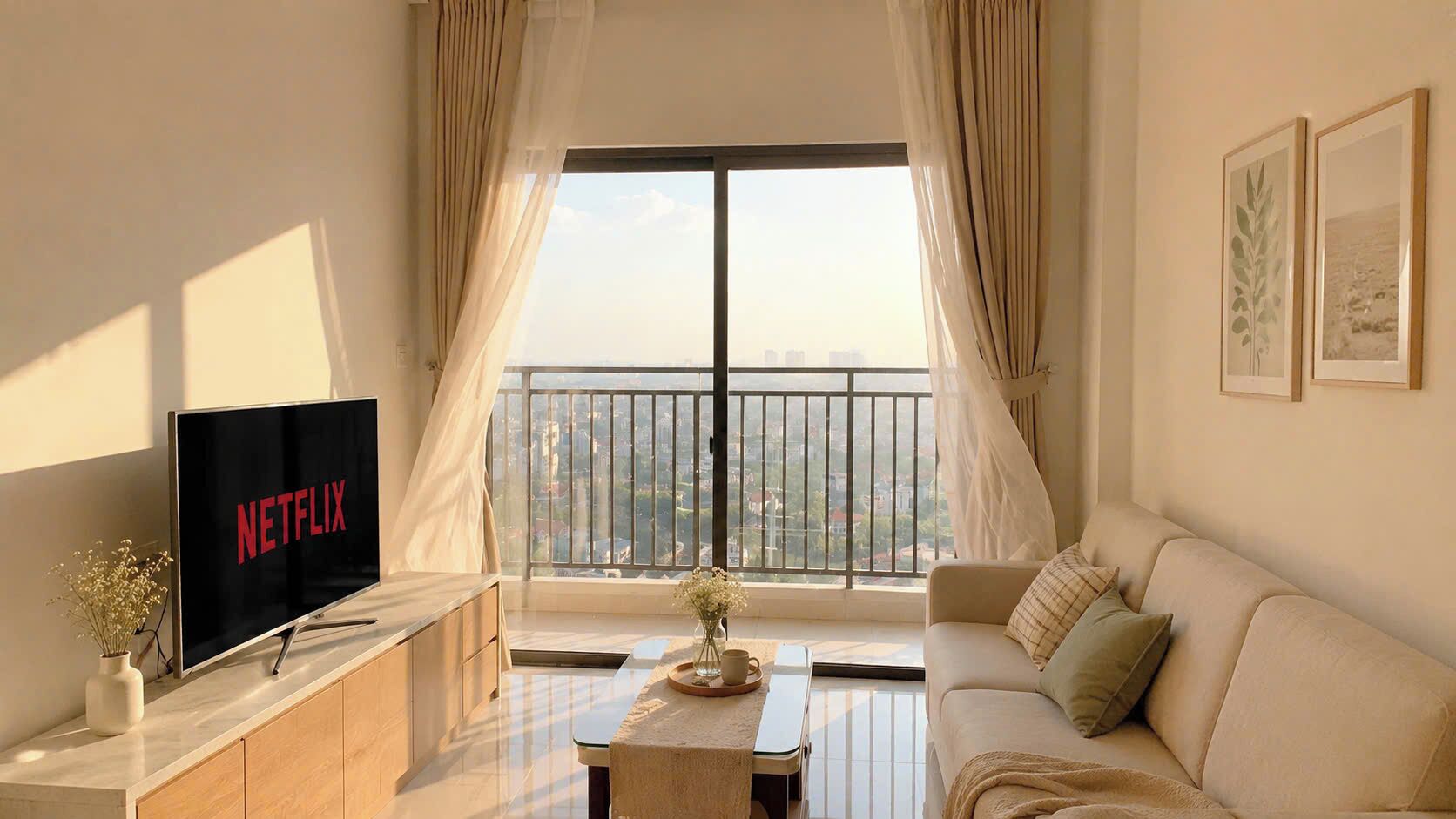 A modern living room with a large window, a flat-screen TV, a sofa, and a coffee table.