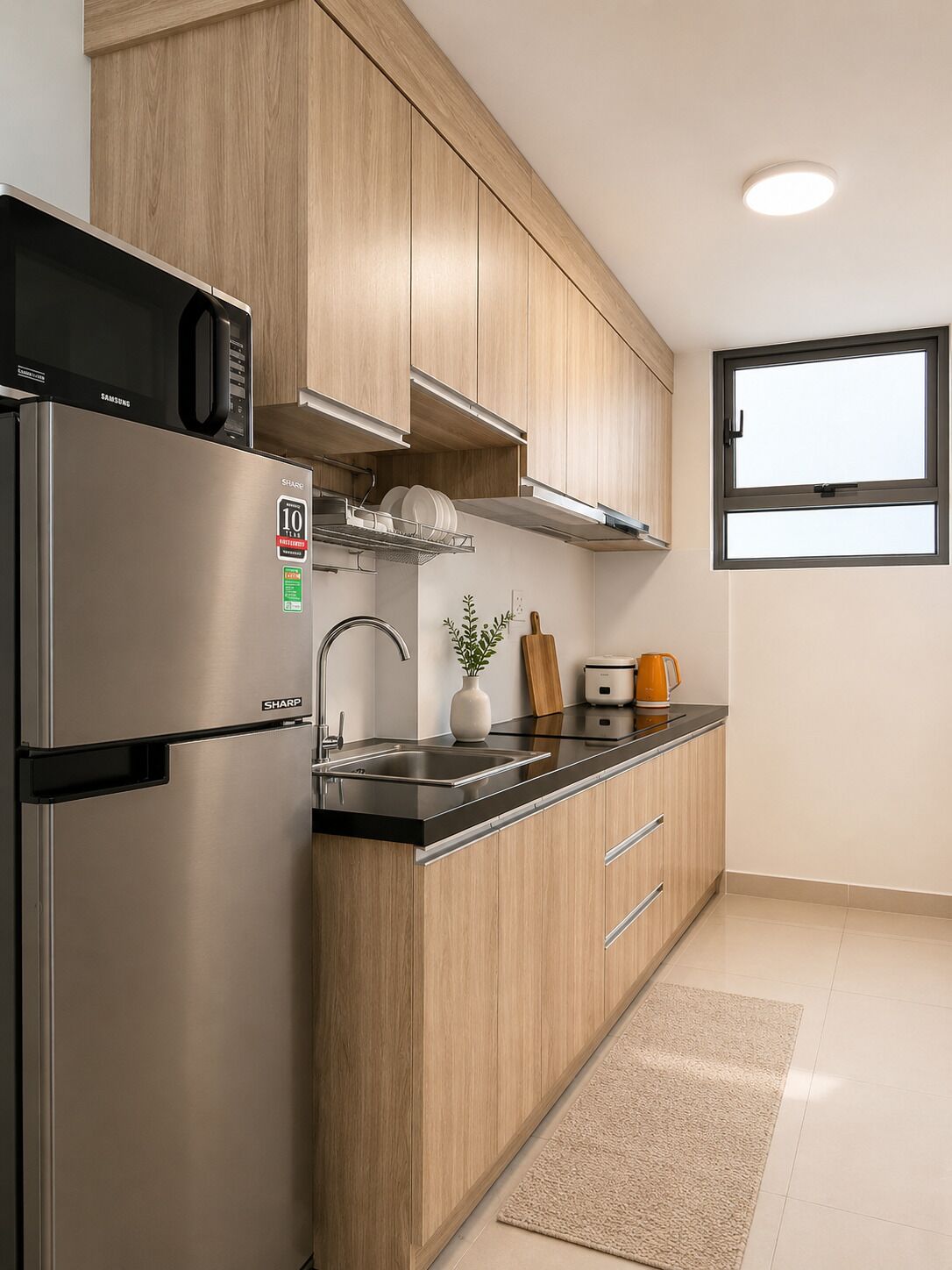 Une cuisine moderne avec un réfrigérateur en acier inoxydable, des armoires en bois, un plan de travail noir, un évier et une fenêtre située au-dessus de l’évier.