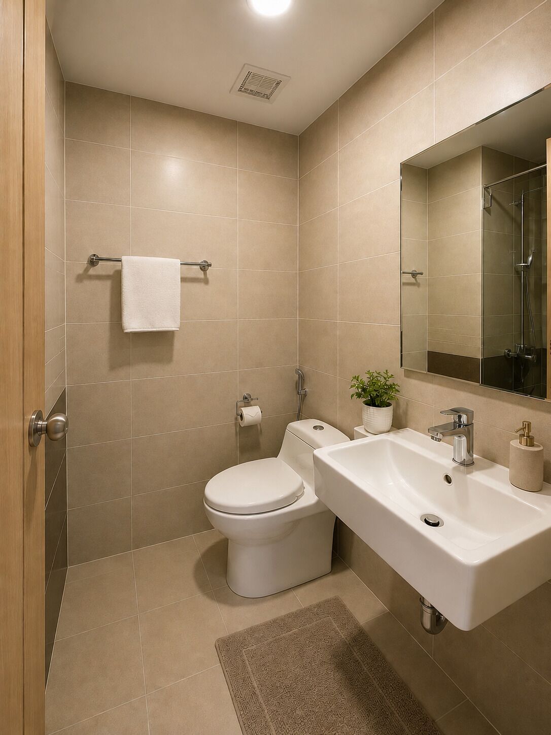 Un bagno moderno con un WC, un lavandino e uno specchio.