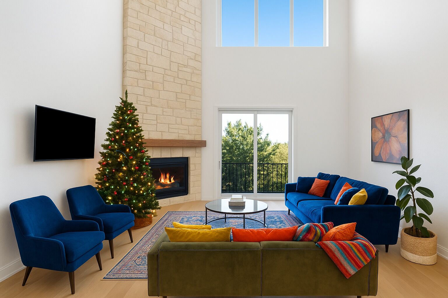 Smart-tv, eldstad, ett bordtennisbord och böcker