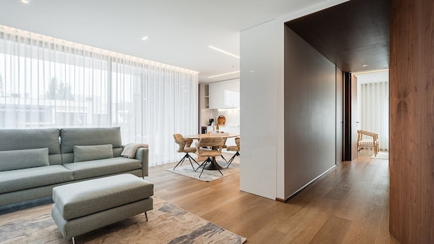 Een moderne woonkamer met een bank, een eethoek met een tafel en stoelen, en een houten vloer.