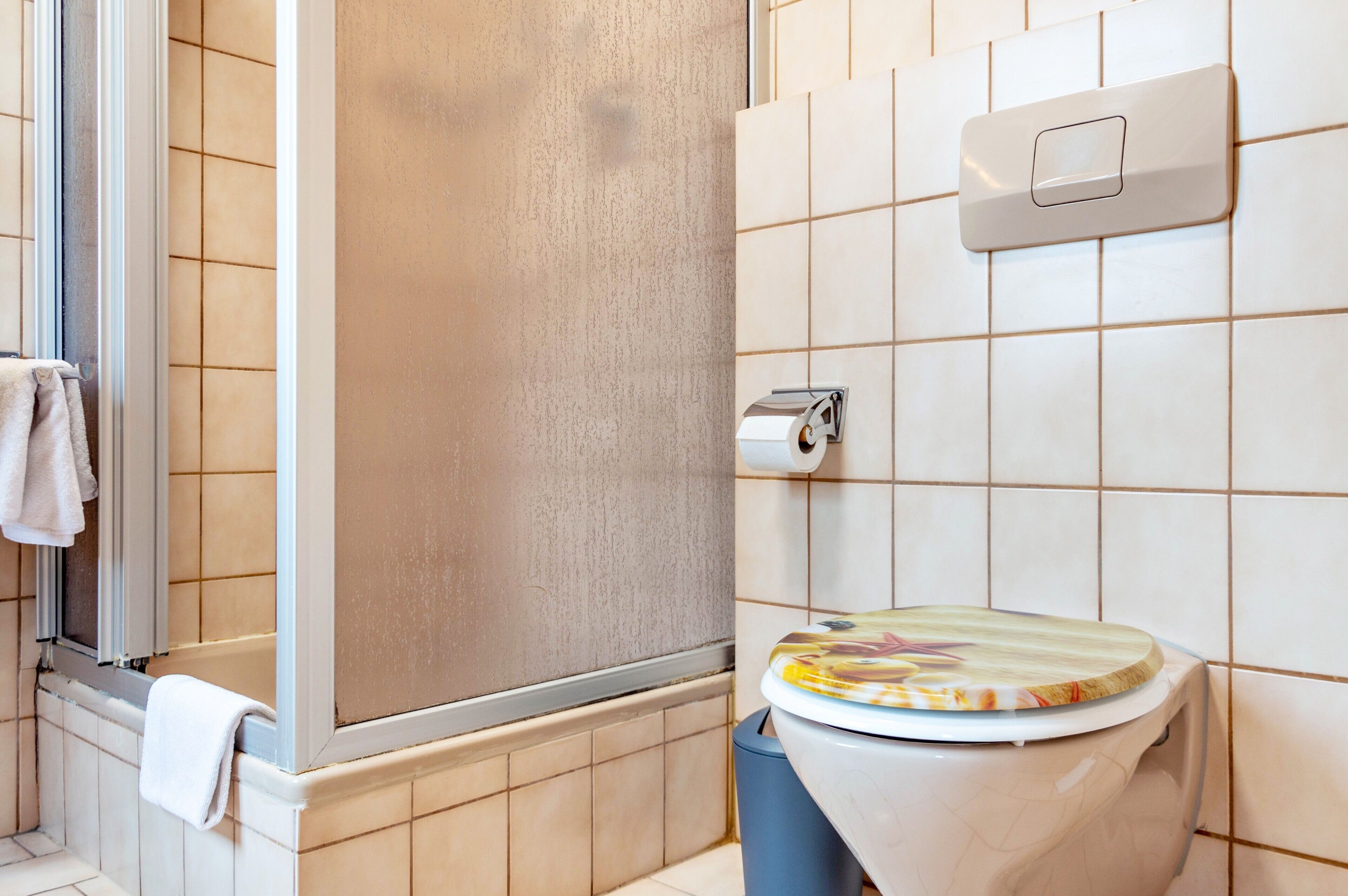 A bathroom with a shower, toilet, and a towel rack.