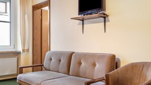 A room with a sofa, a television on a stand, a window with curtains, and a radiator. - Room 2 - Double room with Wi-Fi (Lehrberg)