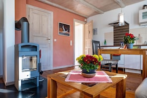 A cozy living room with a wood-burning stove, a dining area with a table and chairs, and a kitchen area with cabinets and a countertop. - Apartment 'Öko Fewo Sturmmöwe' with Private Terrace, Private Garden and Wi-Fi (Kiel)