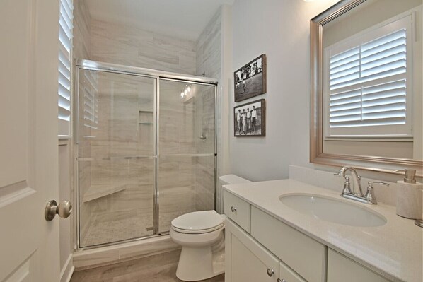 Een badkamer met een douchecabine van glas, een toilet, een wastafel met spiegel en twee ingelijste foto's aan de muur.