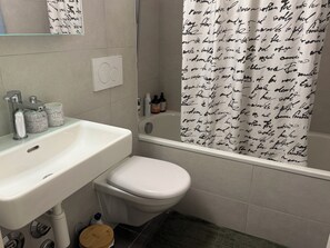 Hair dryer, towels, soap, toilet paper
