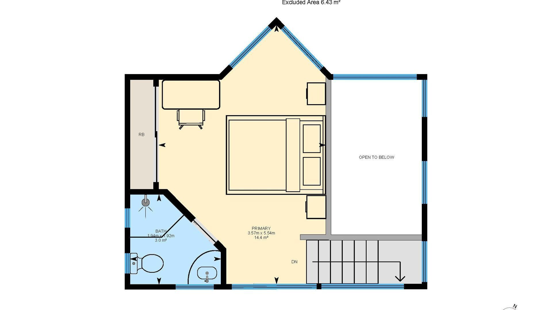A floor plan of a house with a primary bedroom, a bathroom, a kitchen, and a living area.