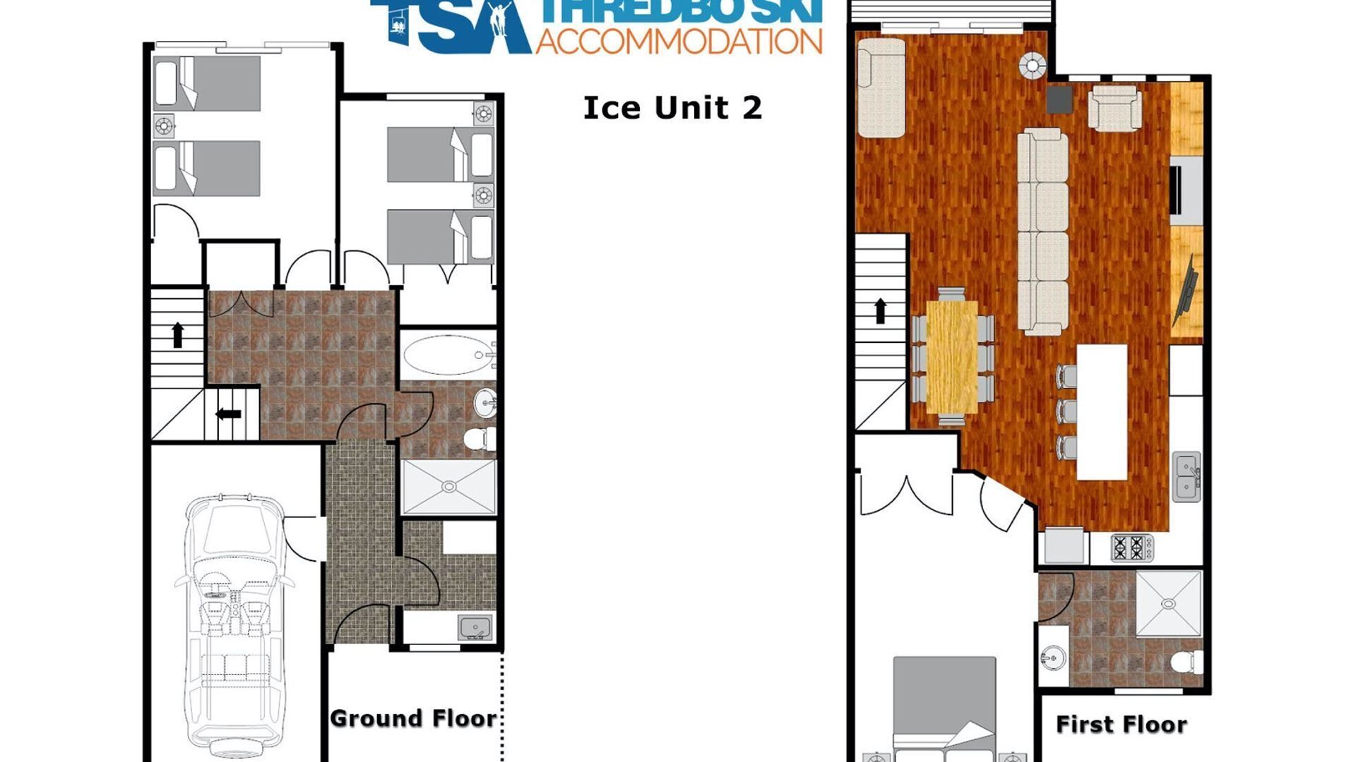 Plan d’étage de l’unité Ice 2 de l’établissement TSH REDBO SK ACCOMMODATION, comprenant un rez-de-chaussée avec un abri pour voiture, une cuisine et une salle de bain, ainsi qu’un premier étage avec un espace de vie, une salle à manger et une salle de bain supplémentaire.
