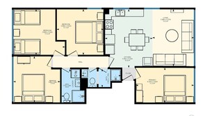 A floor plan of a hotel with multiple bedrooms, a kitchen, a living area, a dining area, a foyer, and a bathroom. - Alpine Mountain View 47 (Jindabyne)