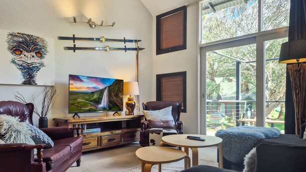 A living room with a TV, leather furniture, a fireplace, and large windows.