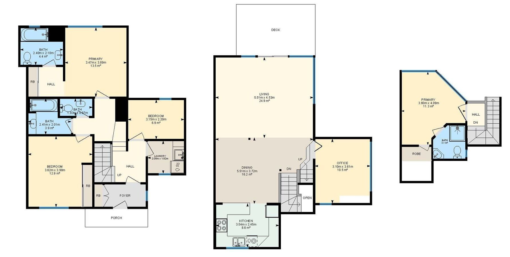 A floor plan of a multi-room apartment with a primary bedroom, living room, dining area, kitchen, and a balcony.