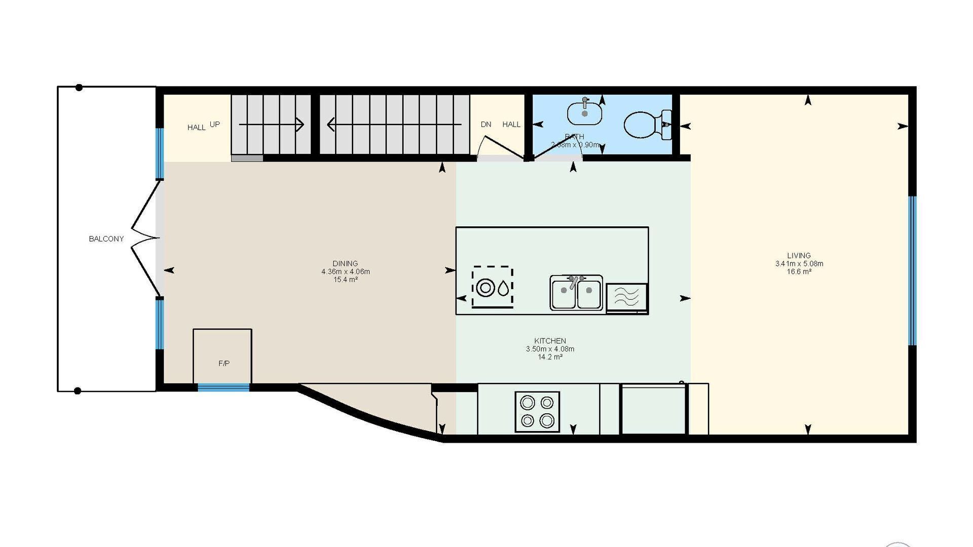 A floor plan with a balcony, dining area, kitchen, bathroom, and living room.