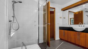 Shower, hair dryer, towels