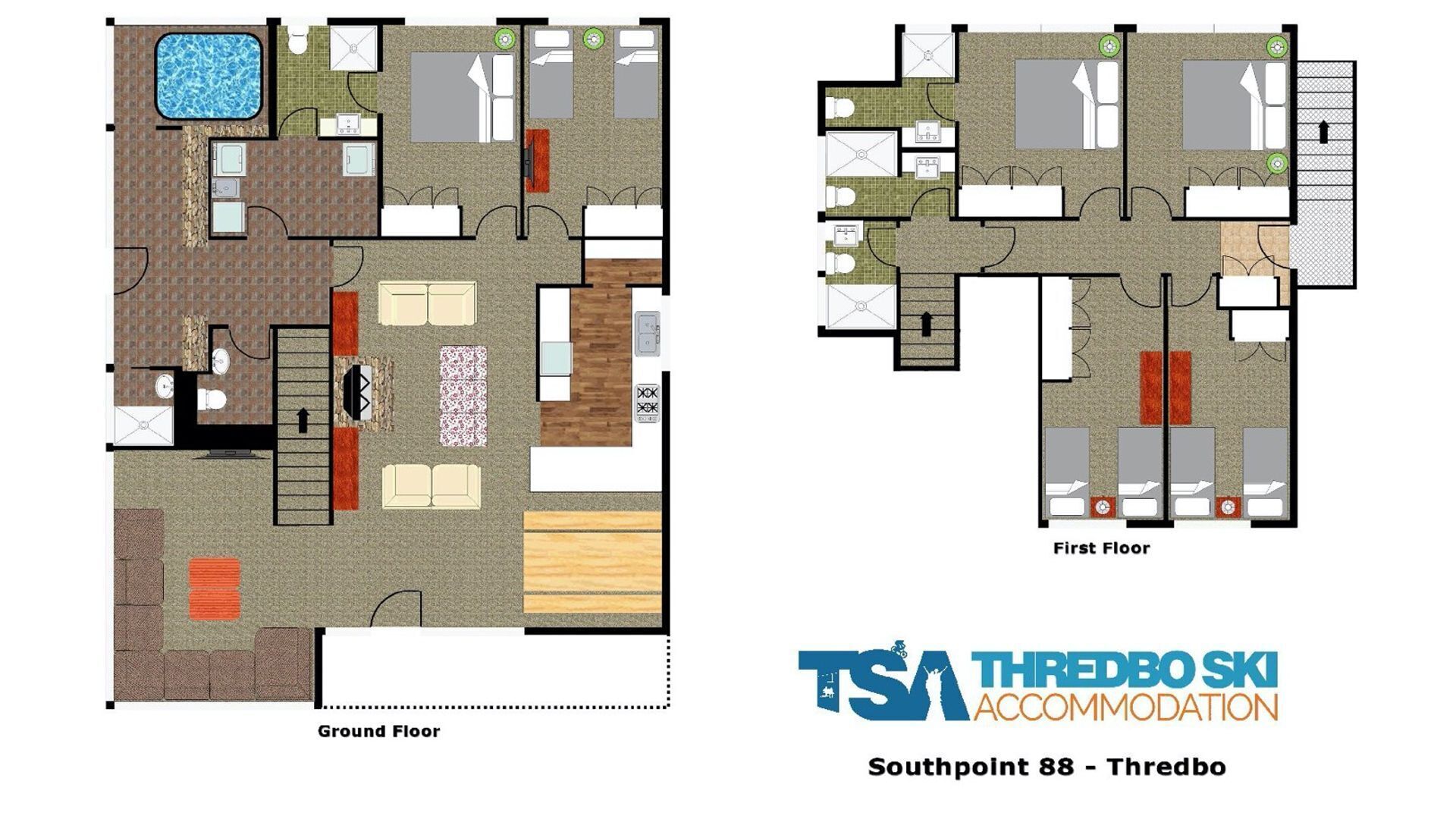 A floor plan of a hotel with a ground floor and first floor, including rooms, a swimming pool, and a staircase.