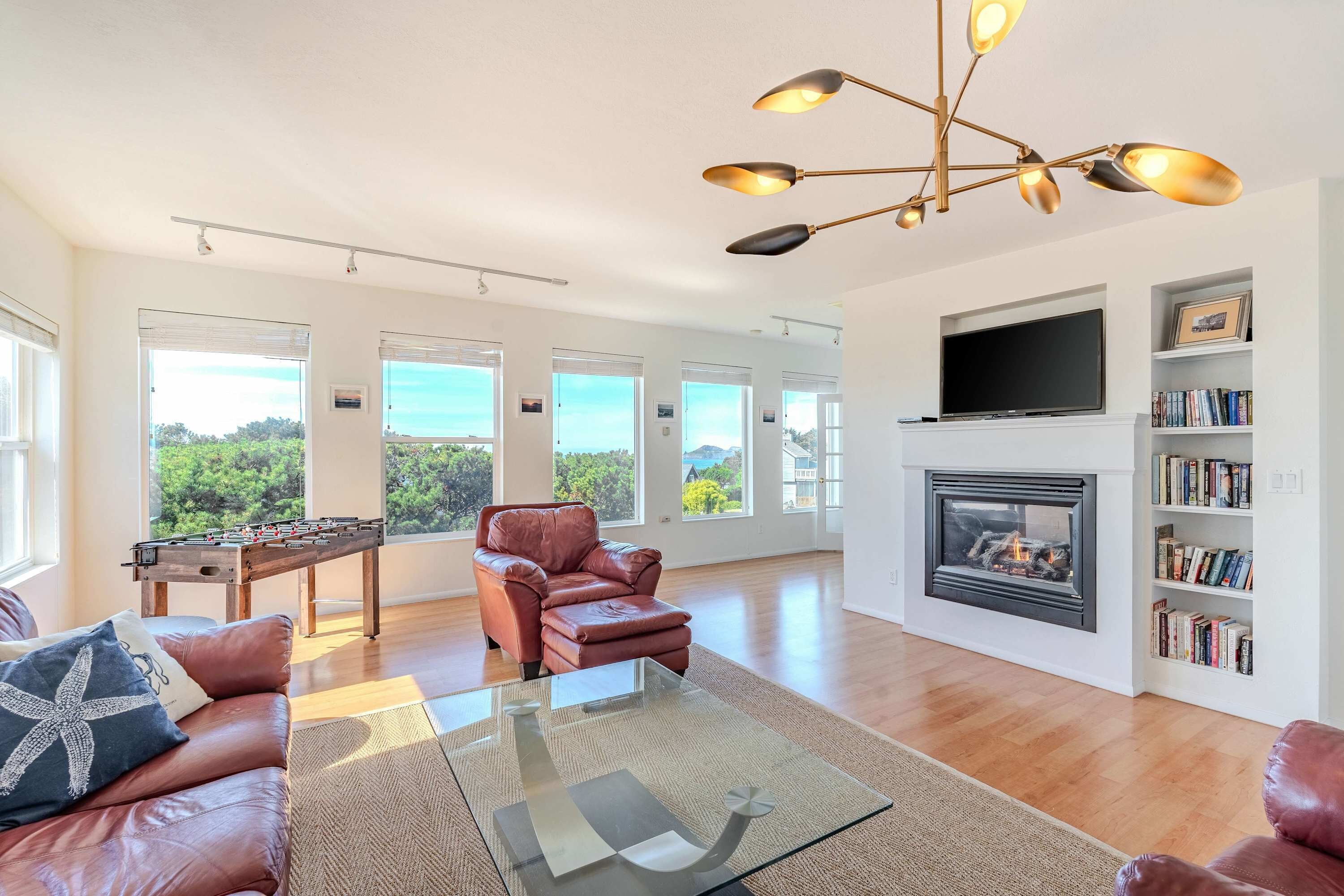 TV, fireplace, foosball, offices