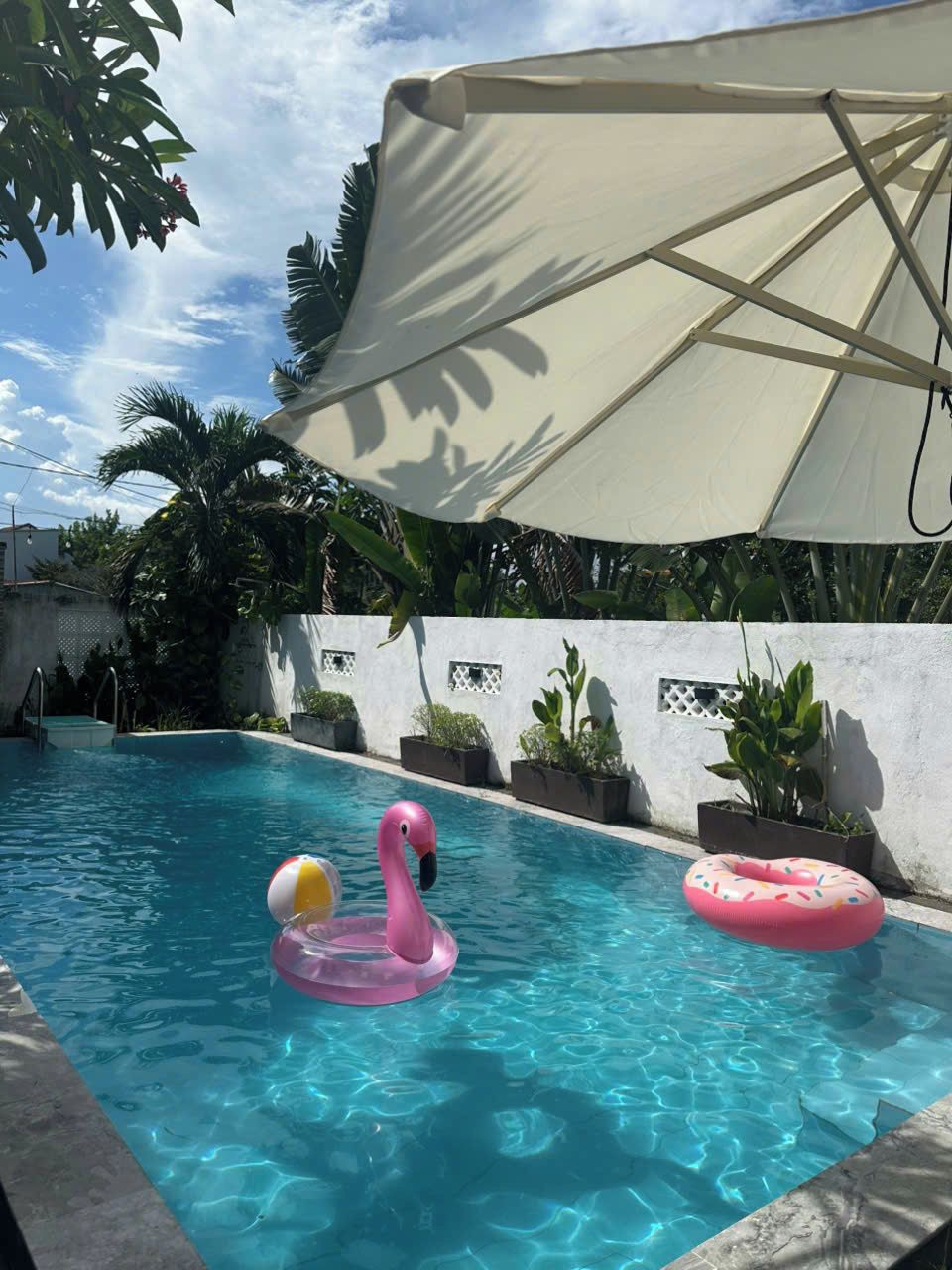 A swimming pool with a pink flamingo float and a donut float.