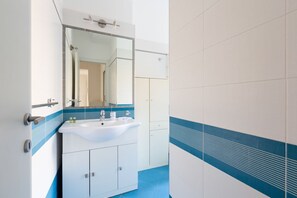 Shower, hair dryer, bidet, towels