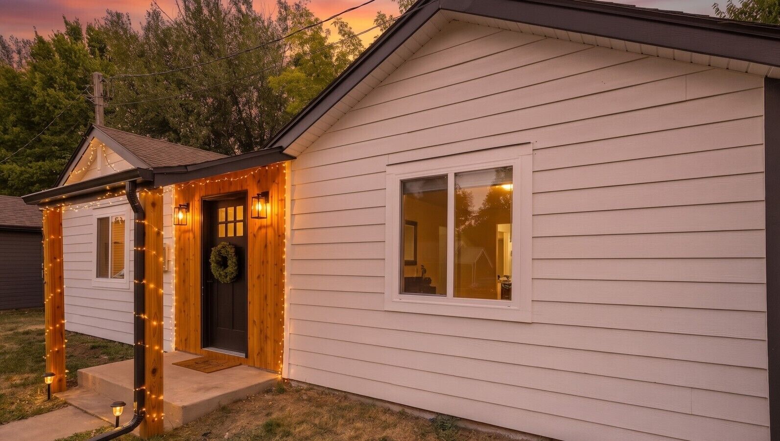 A single-story house with a porch, a door with a wreath, and string lights.