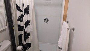 Ein Badezimmer mit Duschvorhang, Handtuchhalter und Toilette.