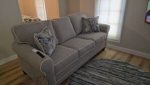 Ein graues Sofa mit floralen Kissen, einer Fernbedienung und einem gemusterten Teppich in einem Zimmer mit Holzboden und Jalousien an den Fenstern.