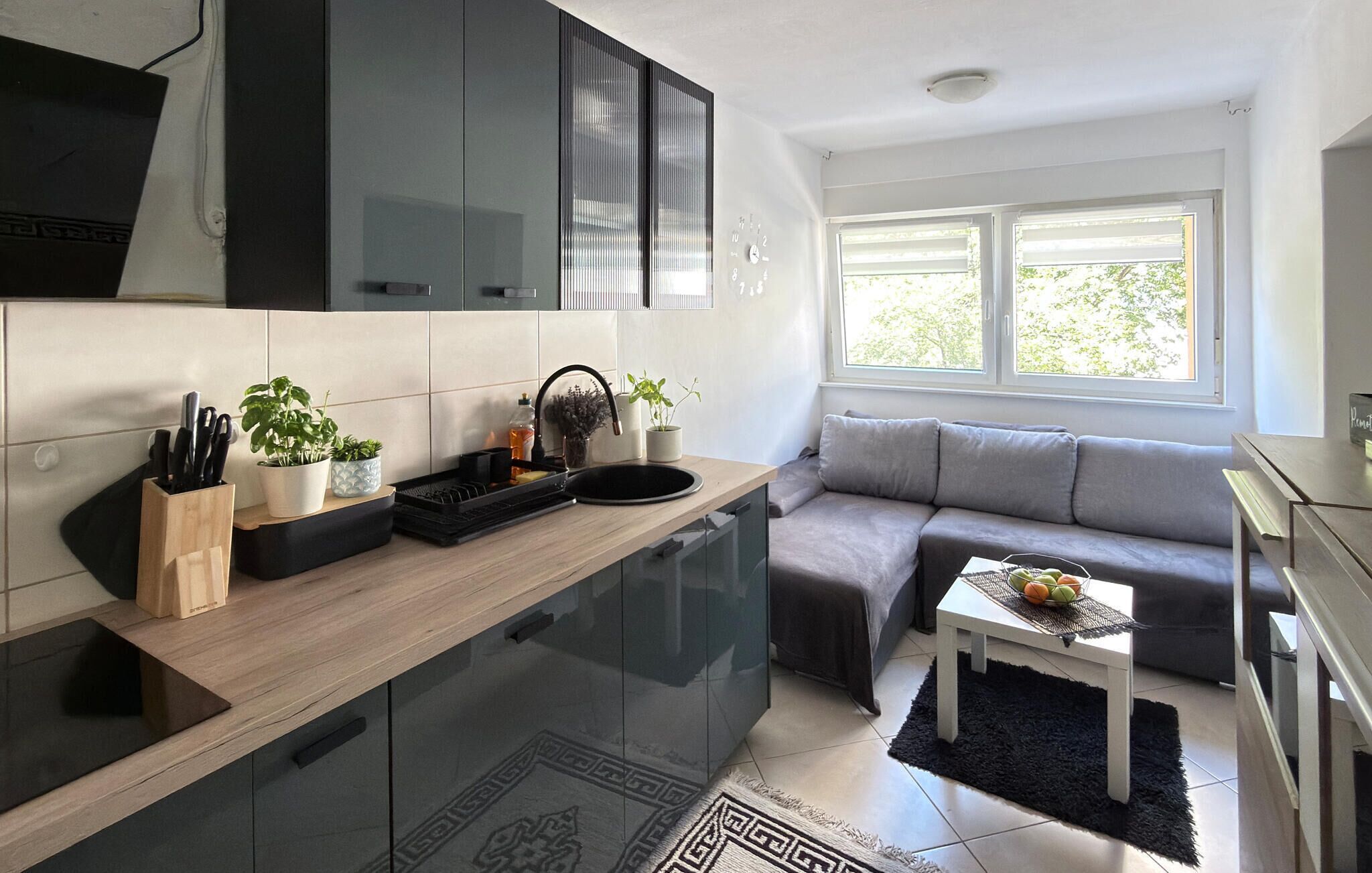 A modern kitchen with a built-in oven, a sink, and a countertop with potted plants.