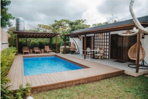 Outdoor pool, sun loungers
