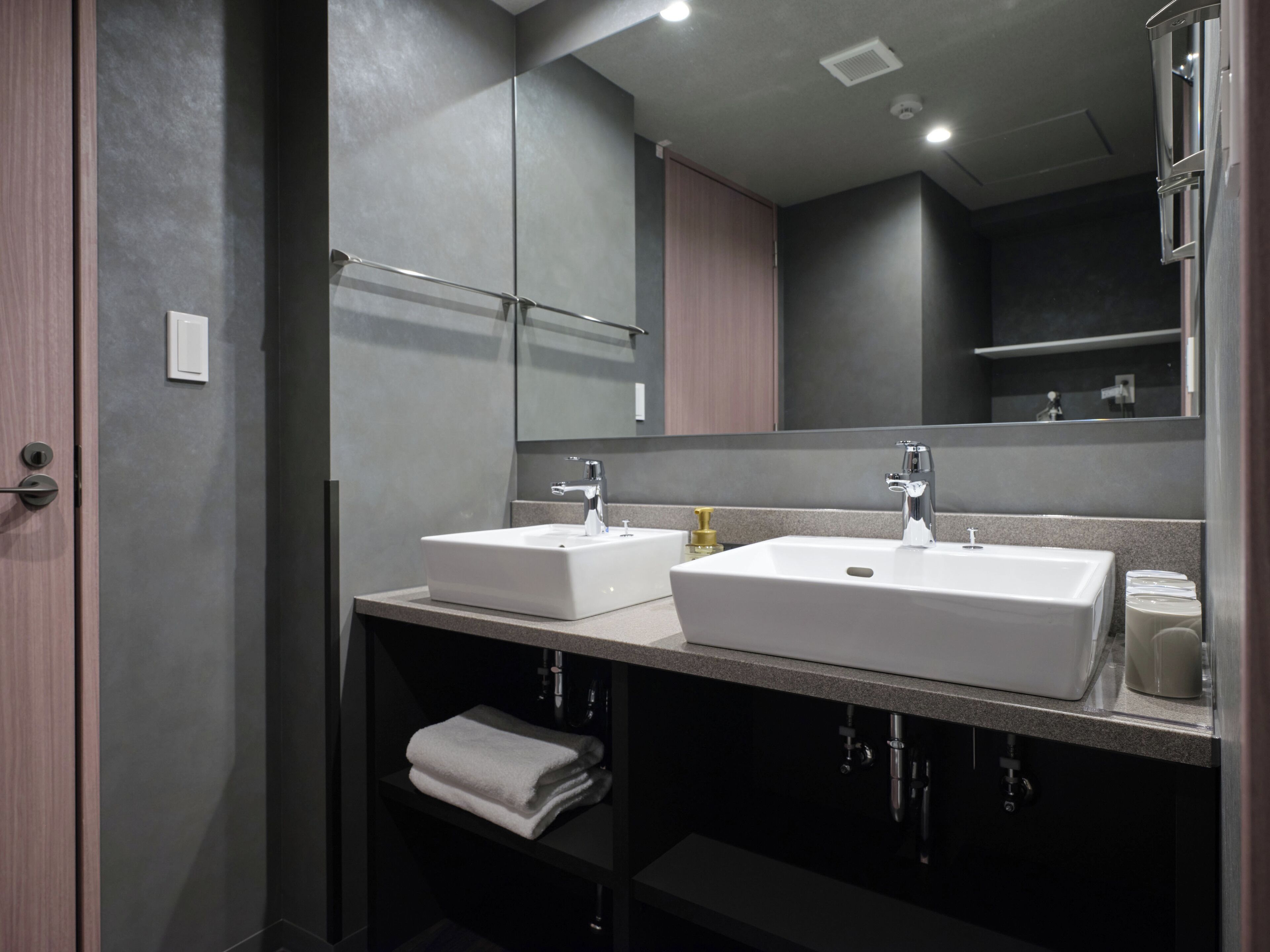 A modern bathroom with two sinks, a large mirror, and a towel rack.