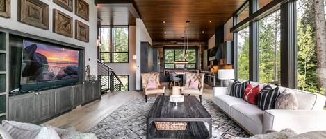 Smart TV, fireplace, stereo, printers