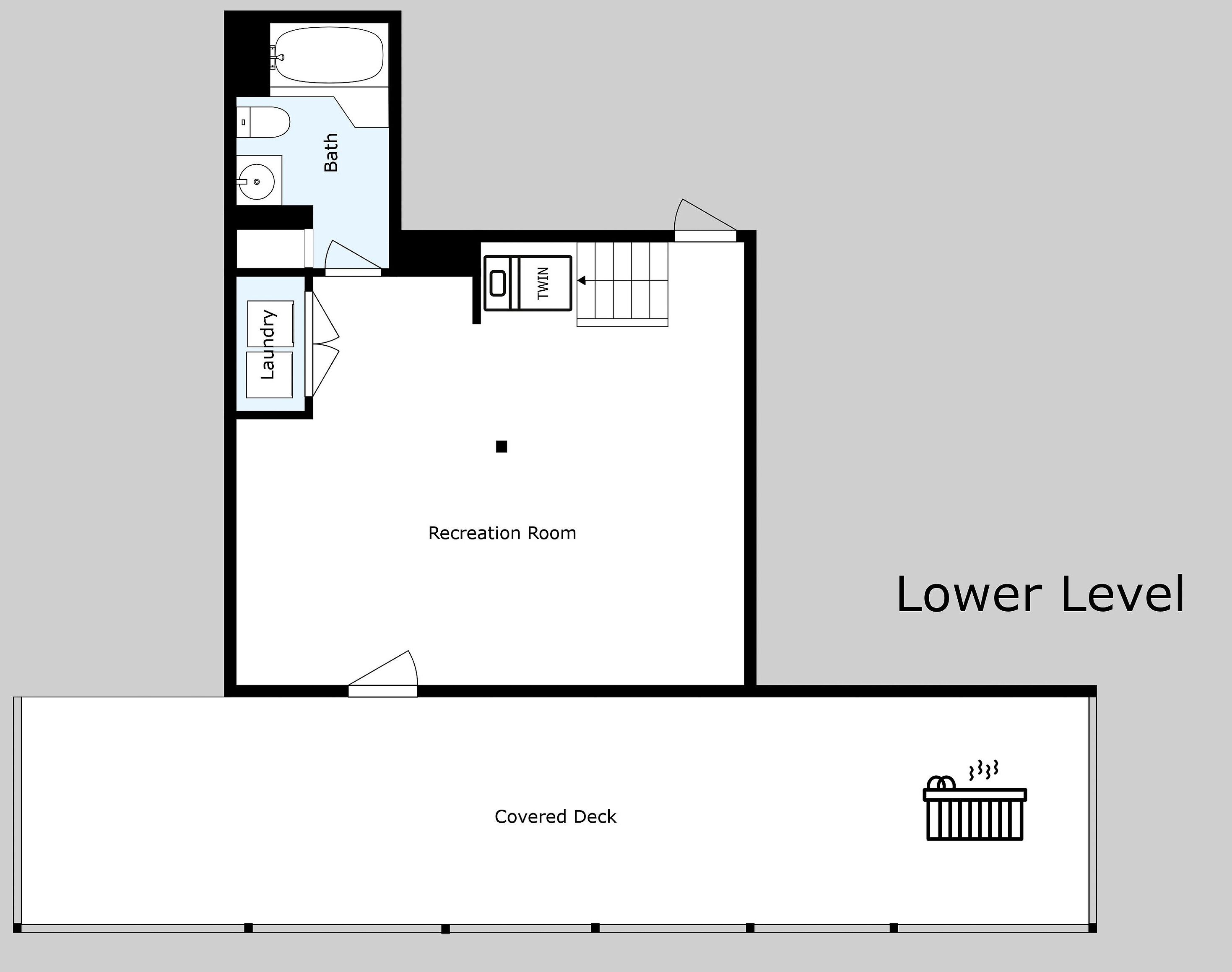 A floor plan of a hotel room with a bathroom, laundry, recreation room, and a covered deck.