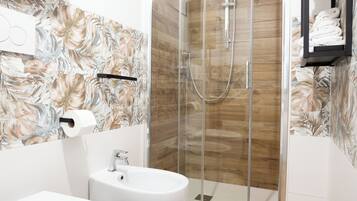 Regadera, secadora de cabello, bidet, toallas