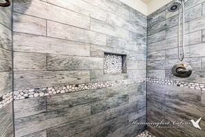 Shower, towels, soap, shampoo