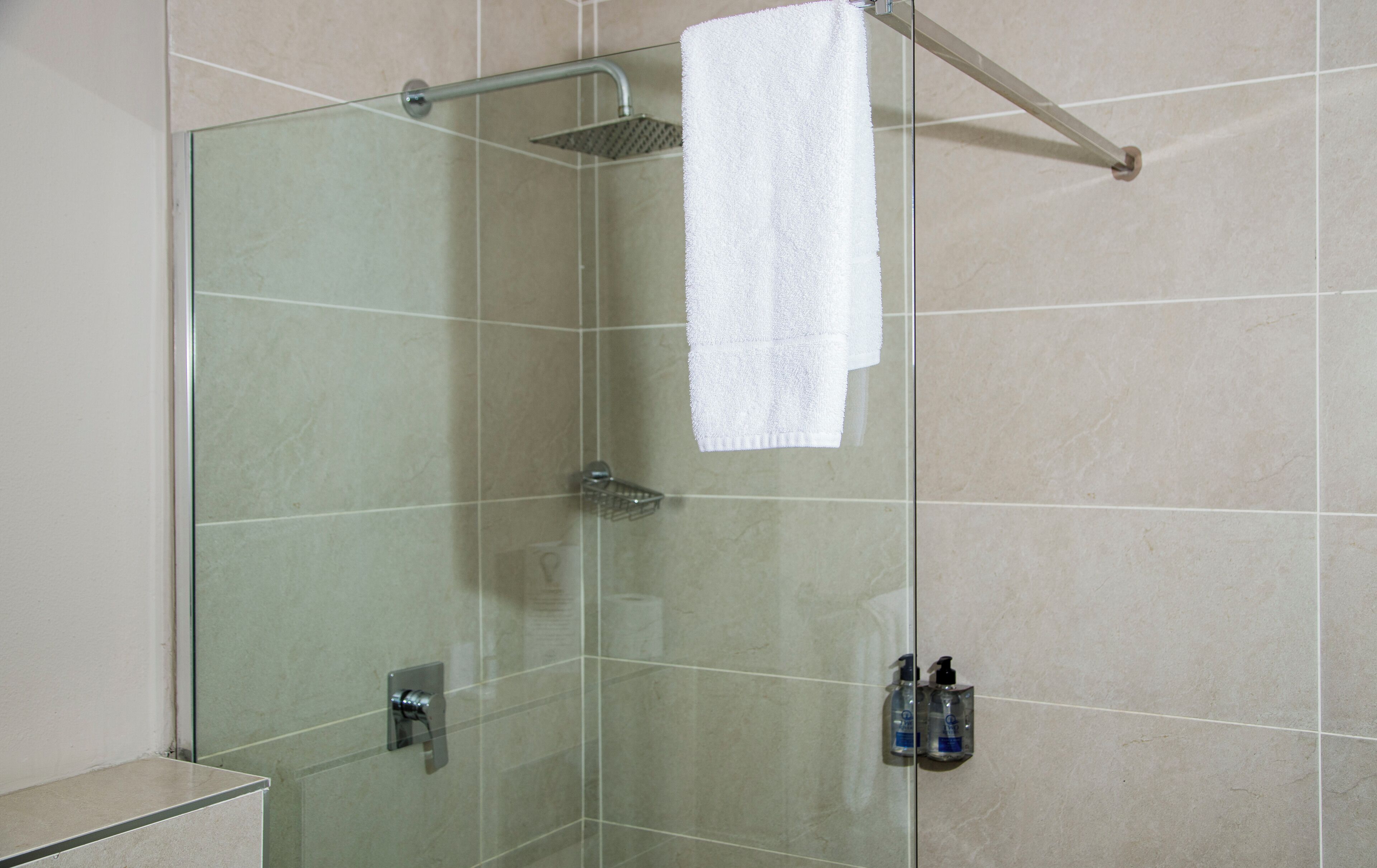 A glass-enclosed shower with a white towel hanging on a rack, a handheld showerhead, and two bottles of shampoo on the wall.