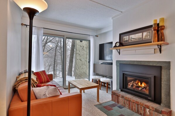 A modern living room with a fireplace, a sofa, a coffee table, and a TV.